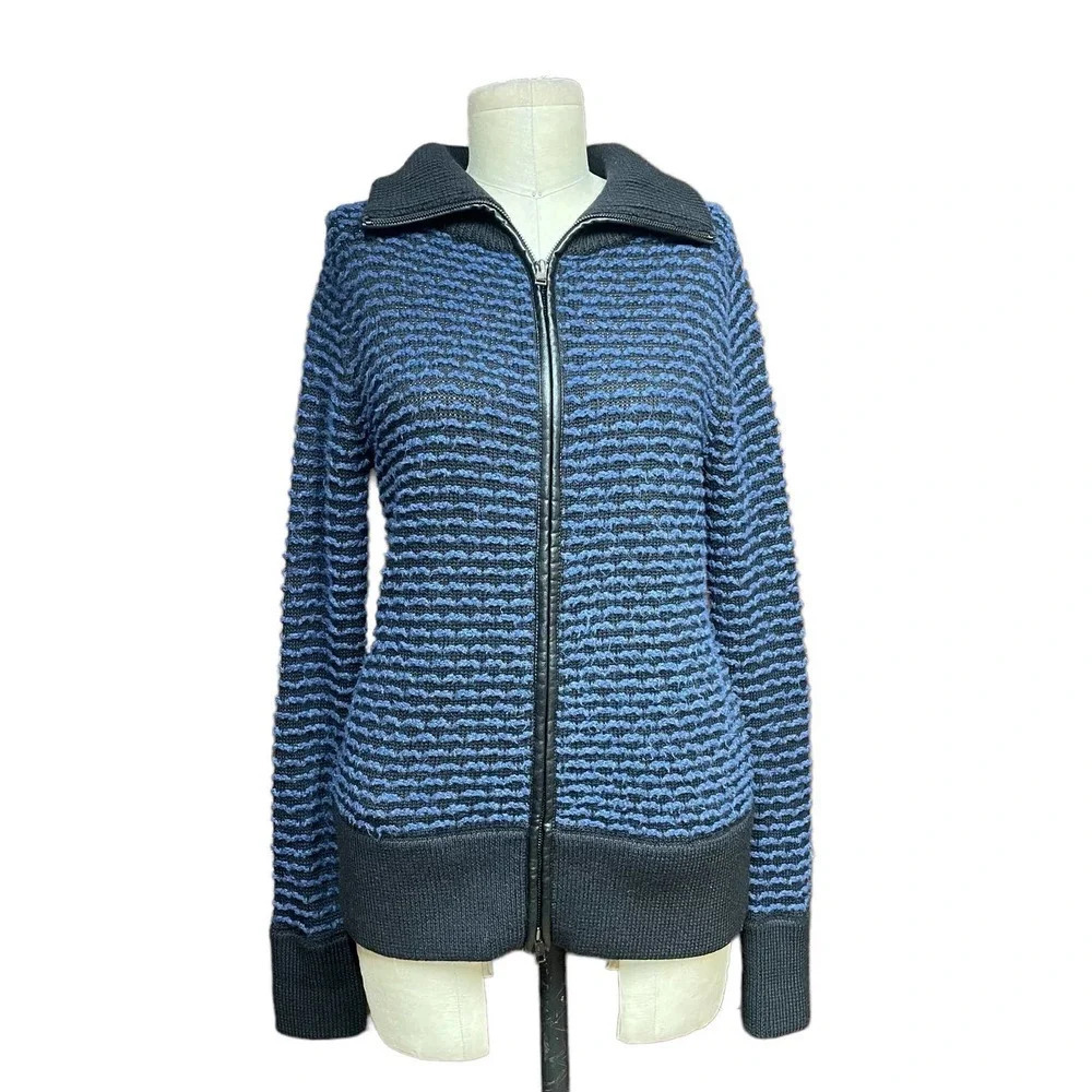 Vince Blue Black Leather Trim Wool Sweater Zip Jacket Black Blue Size XS